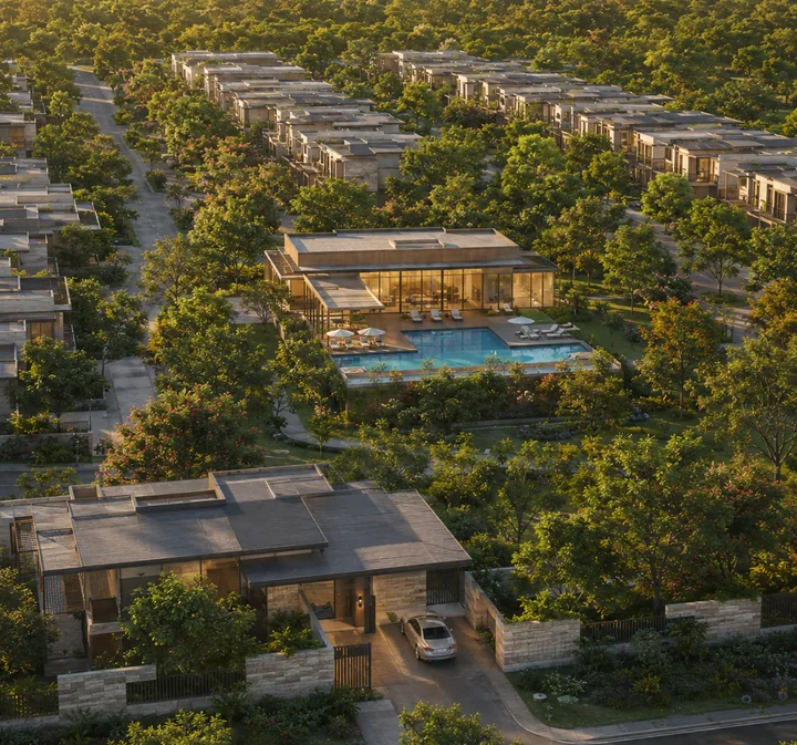 Godrej Soukya Road aerial view of the clubhouse and pool surrounded by row villas Godrej Soukya Road aerial view of the clubhouse and pool surrounded by row villas