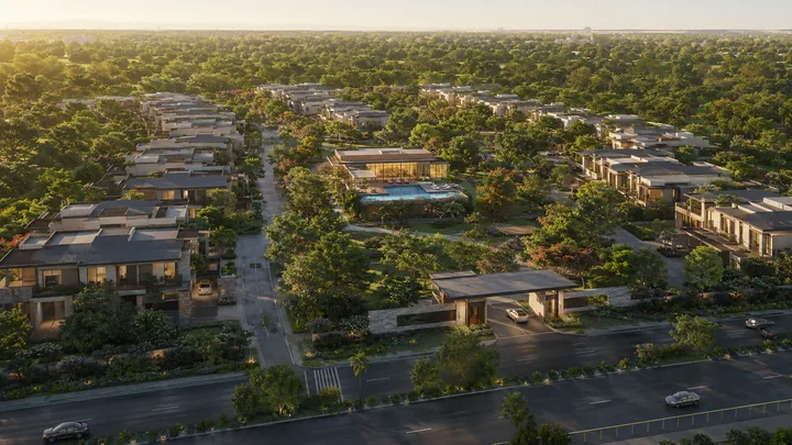 Godrej Soukya Road three-quarter aerial view of the 20-acre row villa community at golden hour Godrej Soukya Road three-quarter aerial view of the 20-acre row villa community at golden hour