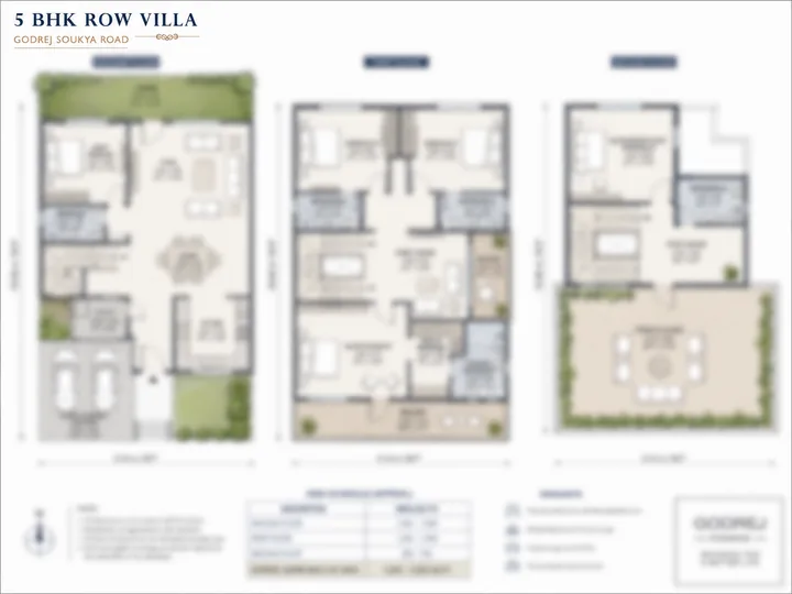 Godrej Soukya Road 5 BHK row villa floor plan with ground, first and second floor layouts Godrej Soukya Road 5 BHK row villa floor plan with ground, first and second floor layouts